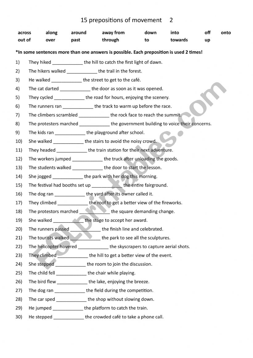 15 prepositions of movement 2 worksheet