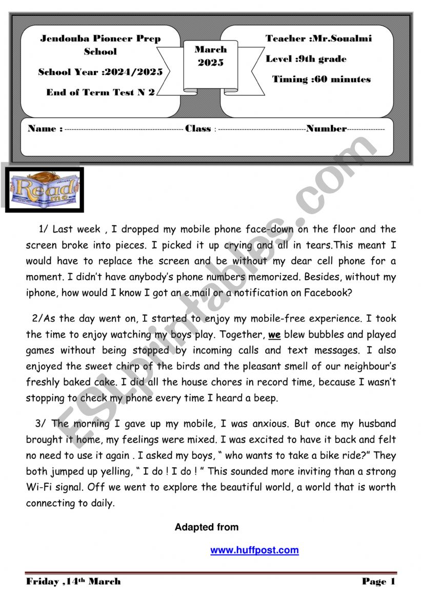 END OF TERM TEST N2 9TH GRADE PIONEER PREP SCHOOL