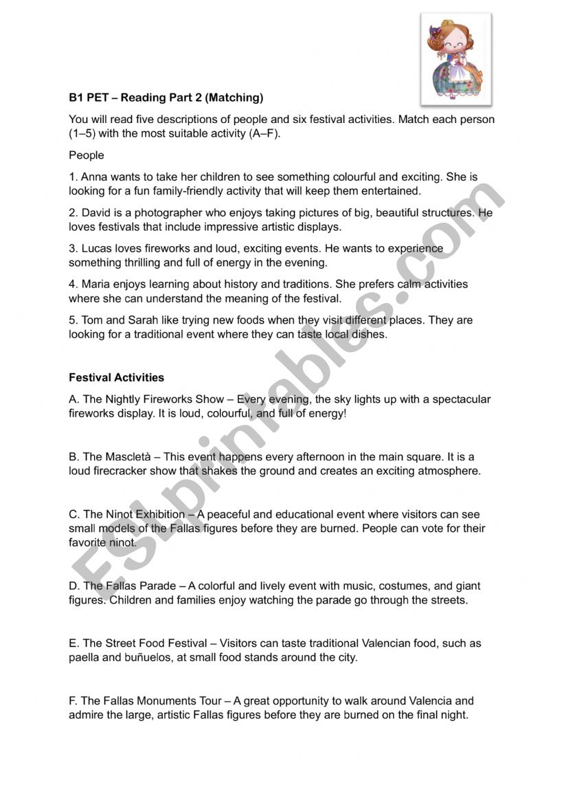 B1 PET reading part 2 Fallas worksheet