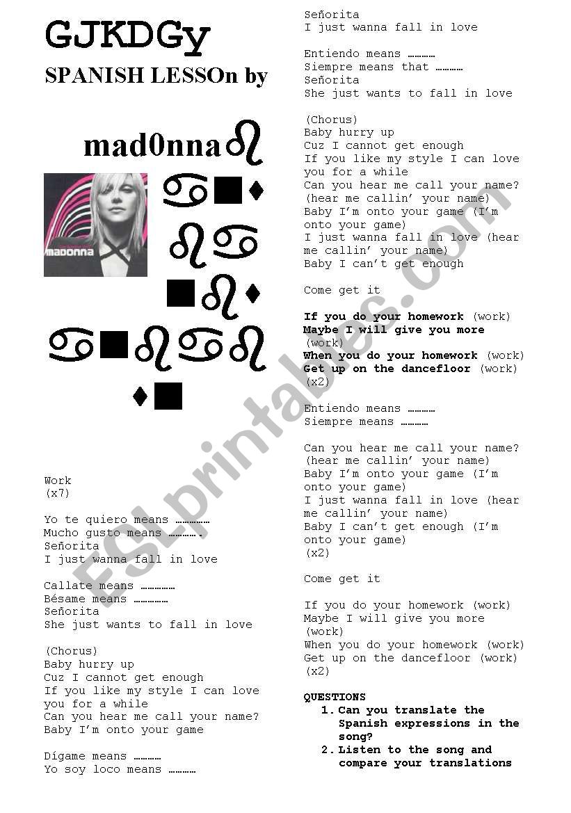Spanish Lesson by Madonna worksheet