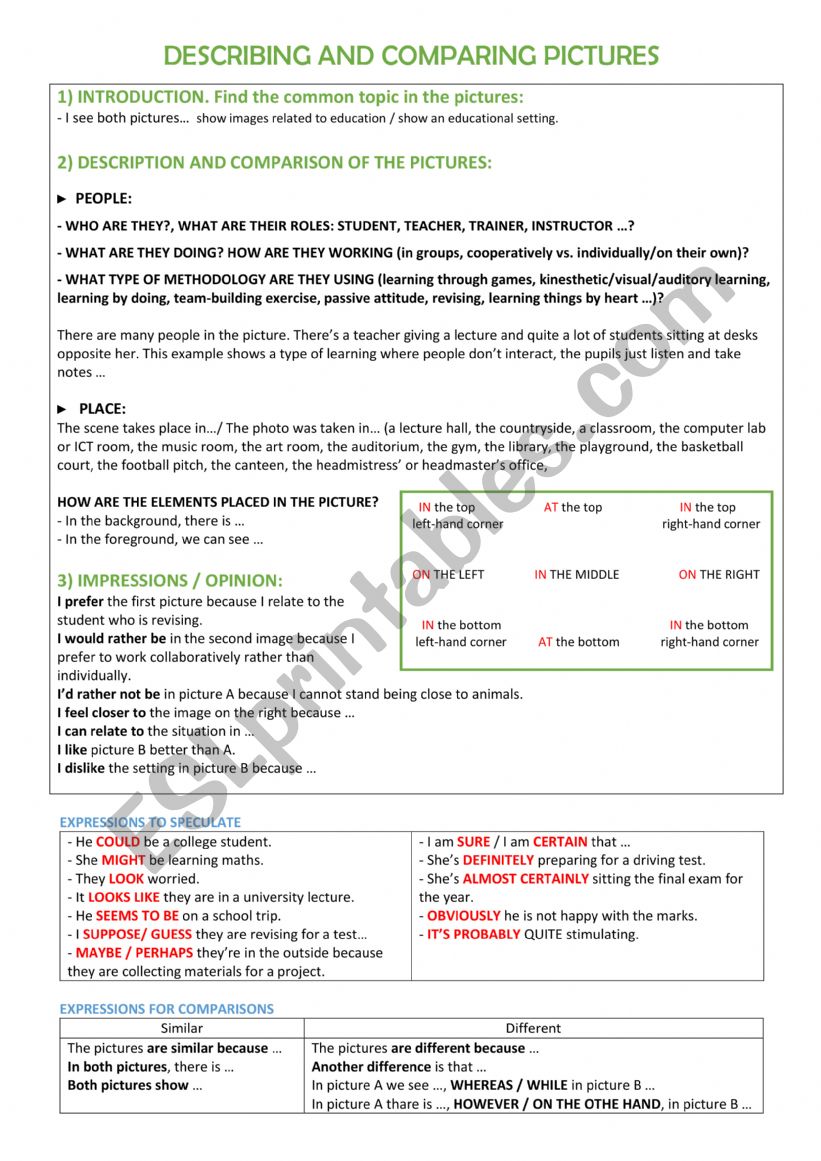 DESCRIBING AND COMPARING PICTURES GUIDE