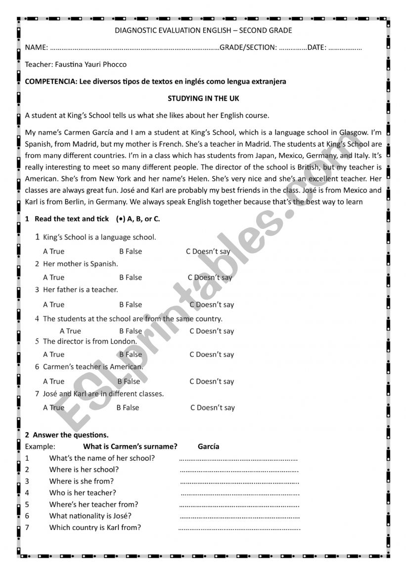 DIAGNOSTIC EVALUATION ENGLISH  SECOND GRADE