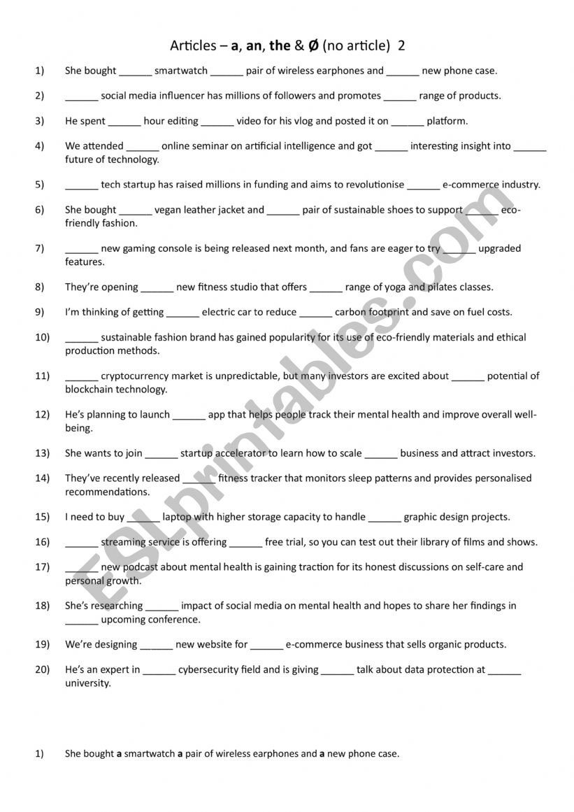 Articles – a, an, the & Ø (no article) 2 - ESL worksheet by ITFC2025