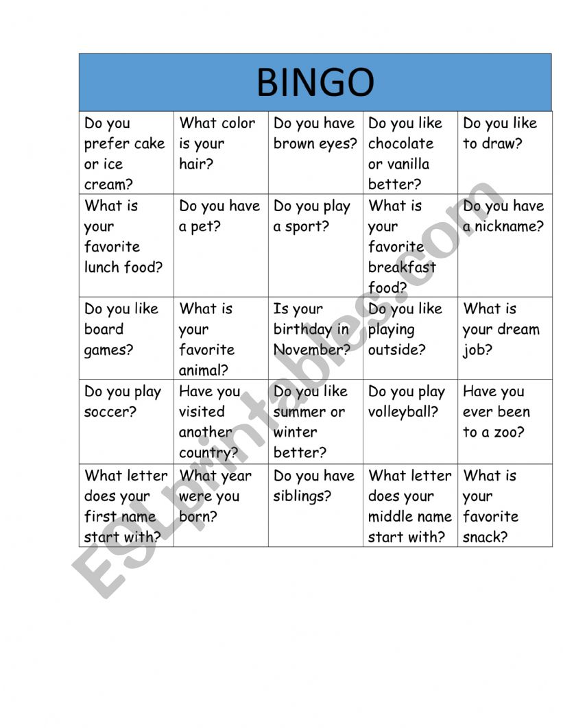 Speakining Bingo worksheet