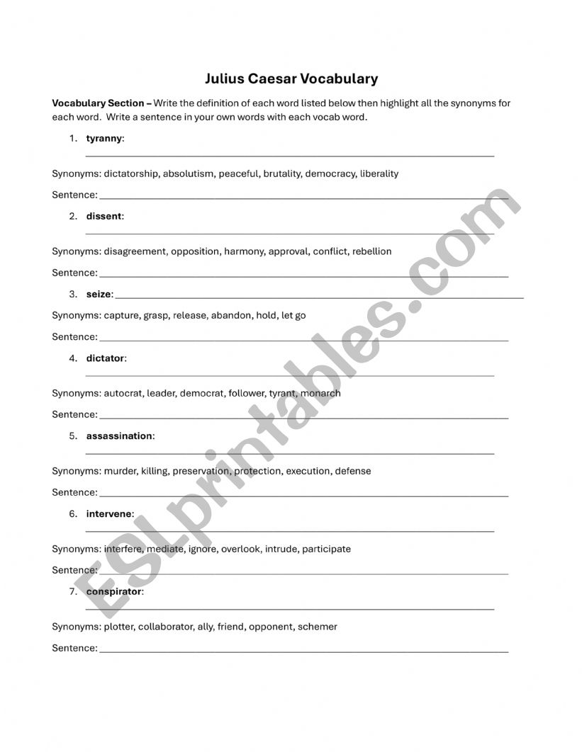 Julius Caesar Vocabulary Worksheet