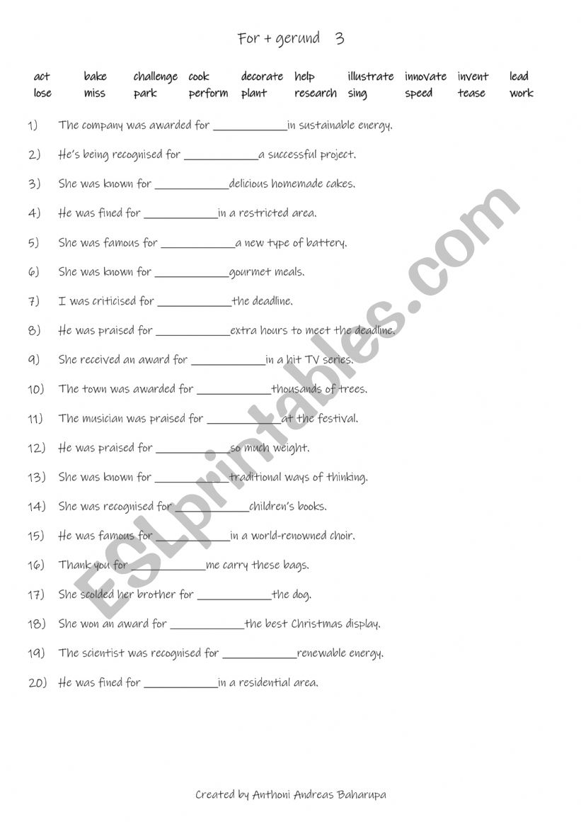 A2+-B1 For + gerund (3) worksheet