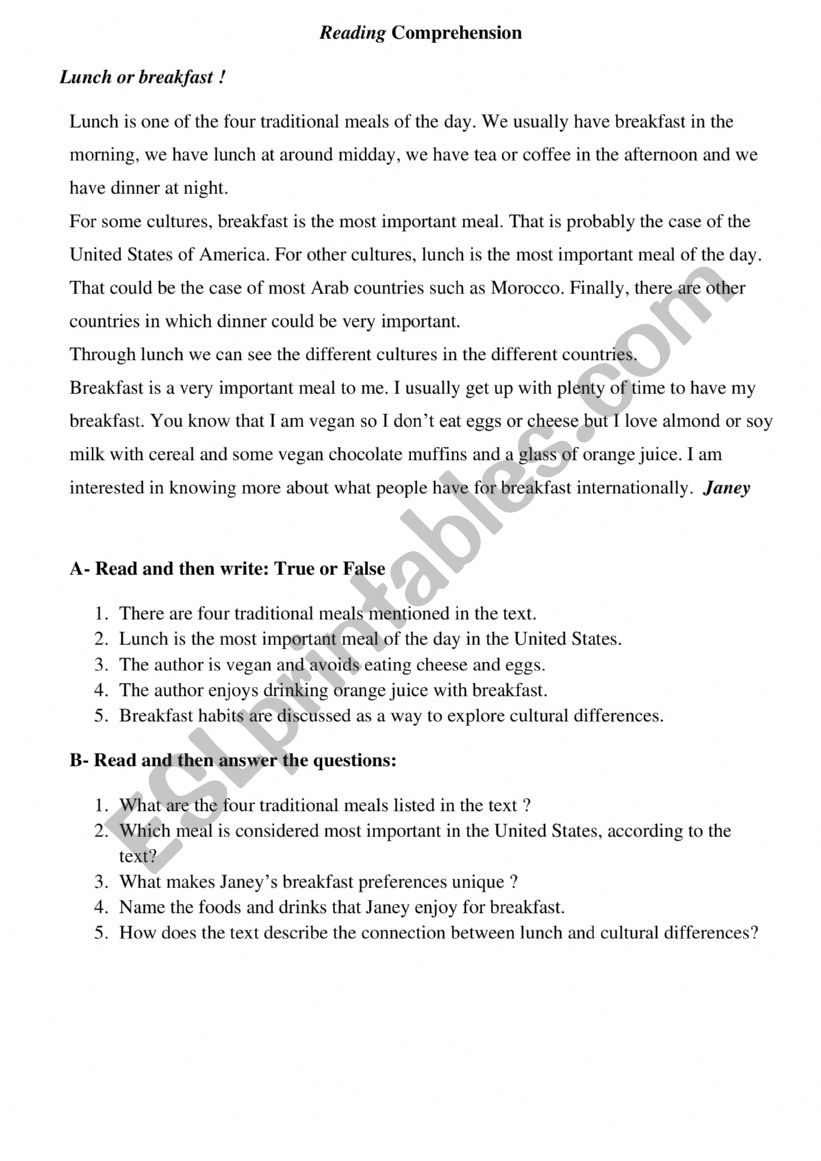 Reading comprehension: Eating habits
