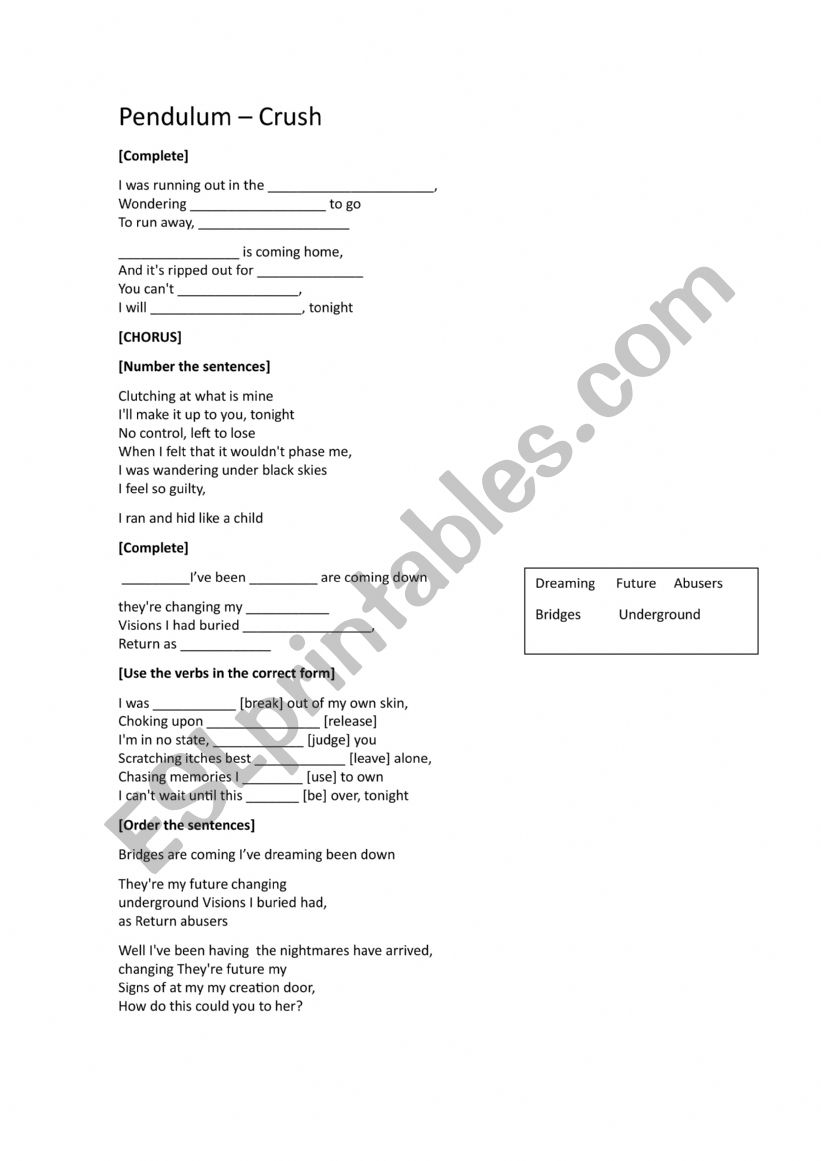 Pendulum - Crush worksheet