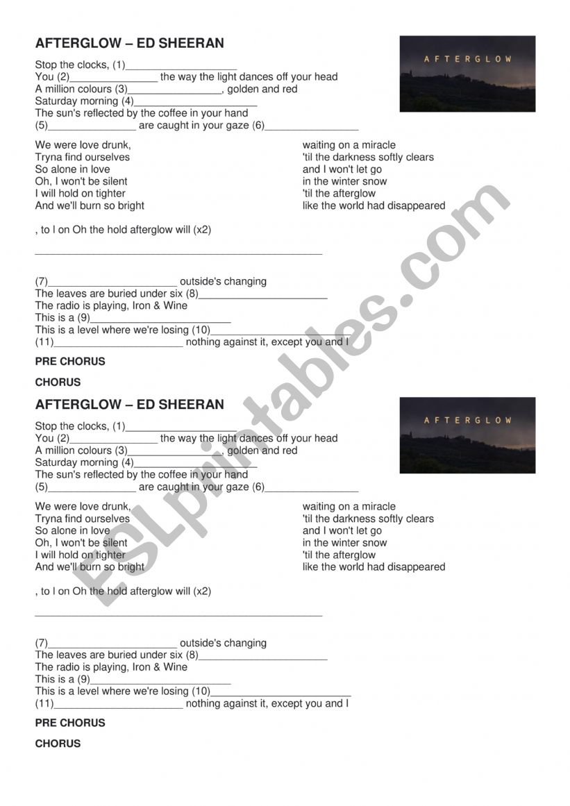 Song- Afterglow, Ed Sheeran worksheet