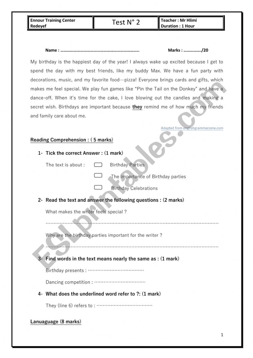 Test N° 2 5 th form - ESL worksheet by walidos1982