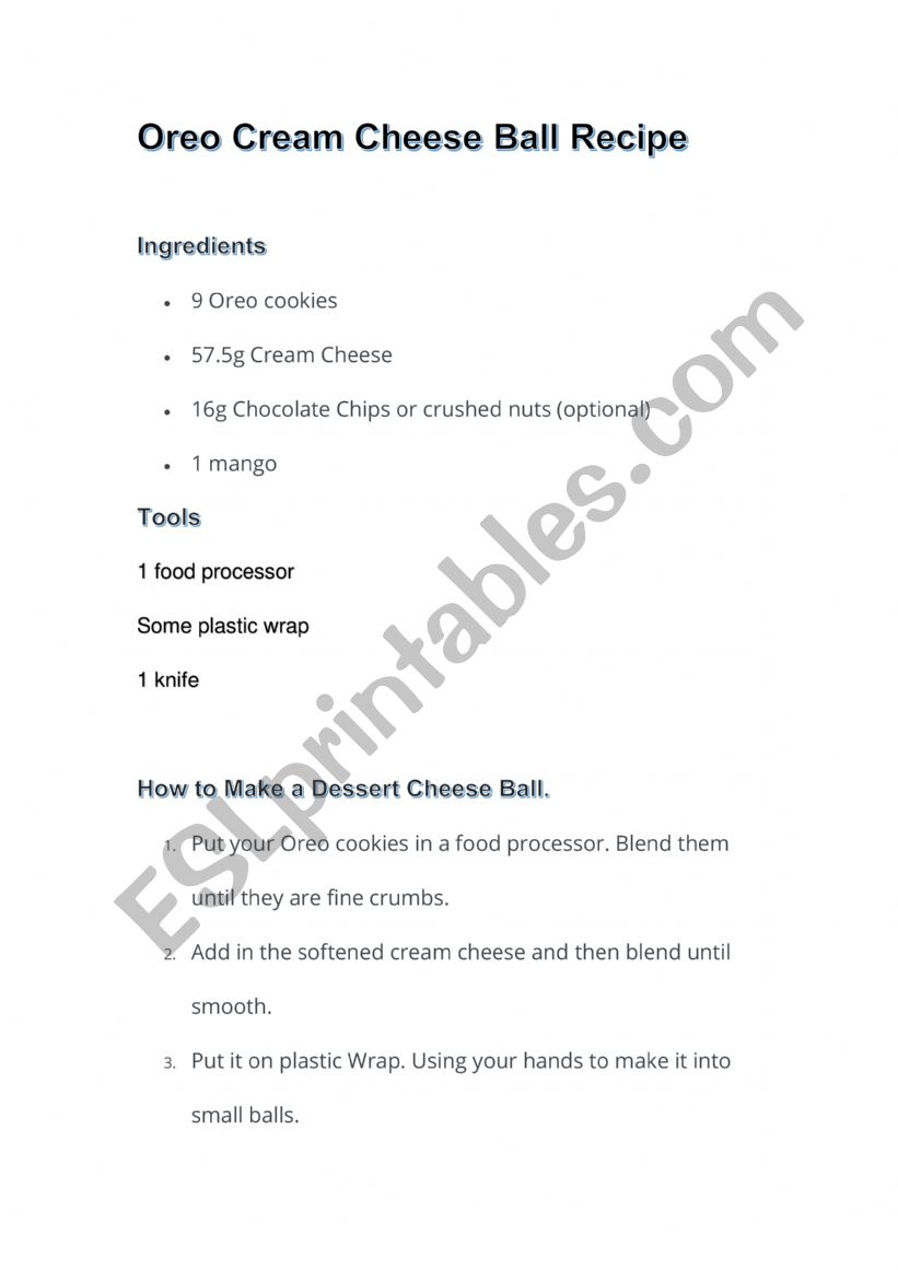 Oreo Cheeseball Recipe worksheet
