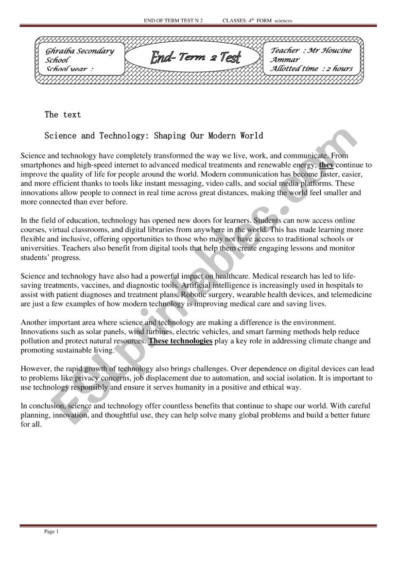end term2 test 4th sec worksheet