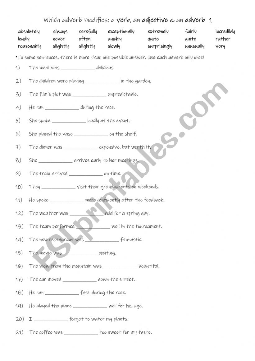 Which adverb modifies a verb, an adjective & an adverb 1