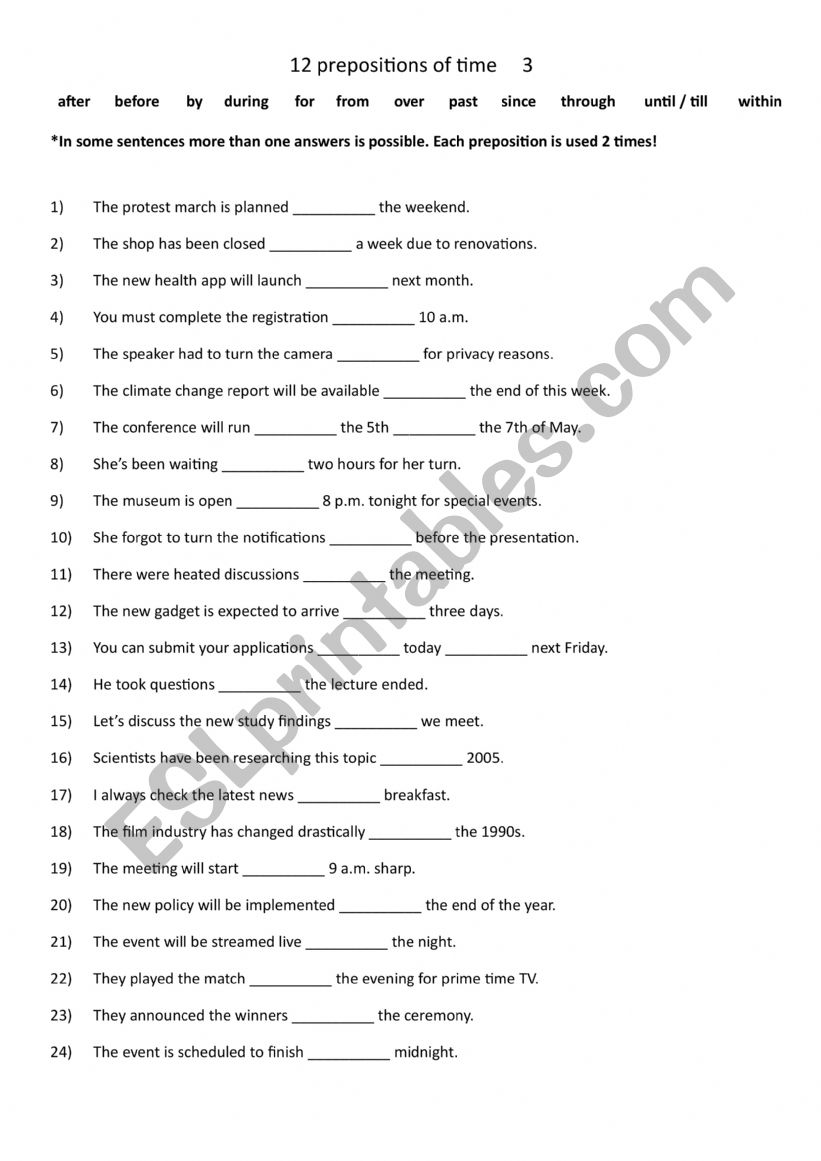 12 prepositions of time 3 worksheet