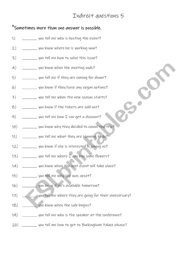 Indirect questions 5 worksheet