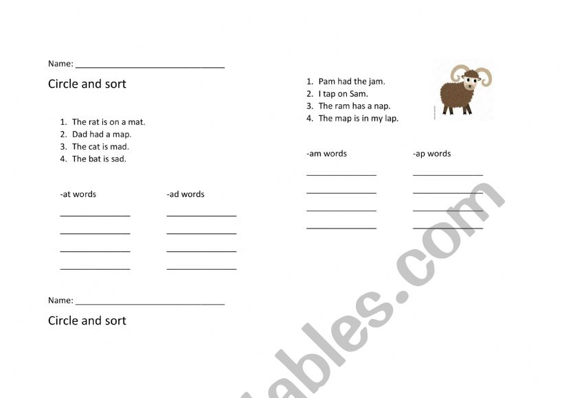 Short A vowel worksheet