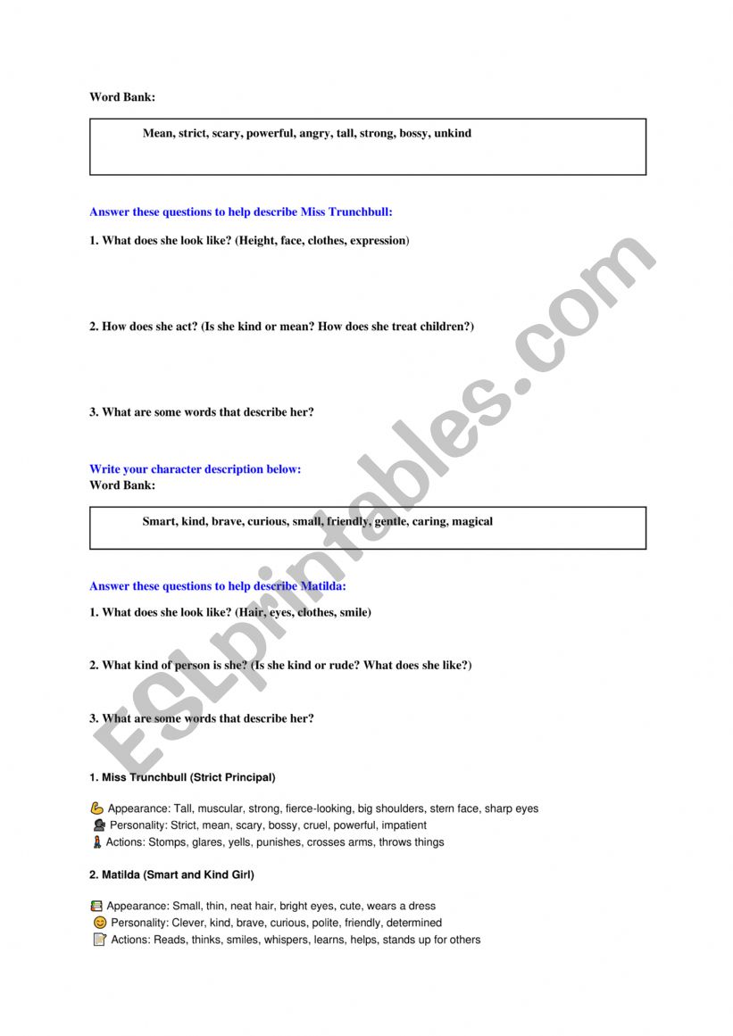Descriptive writing  worksheet
