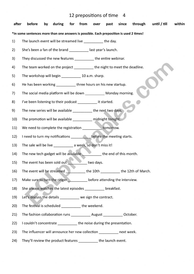 12 prepositions of time 4 worksheet