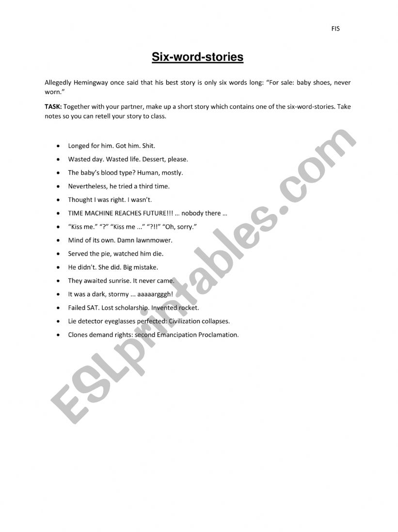 Six Word stories worksheet
