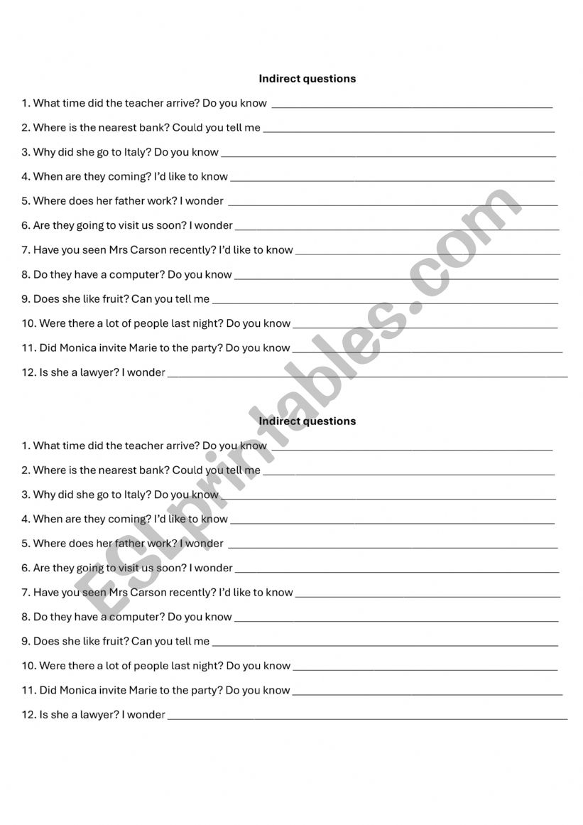 Indirect questions worksheet