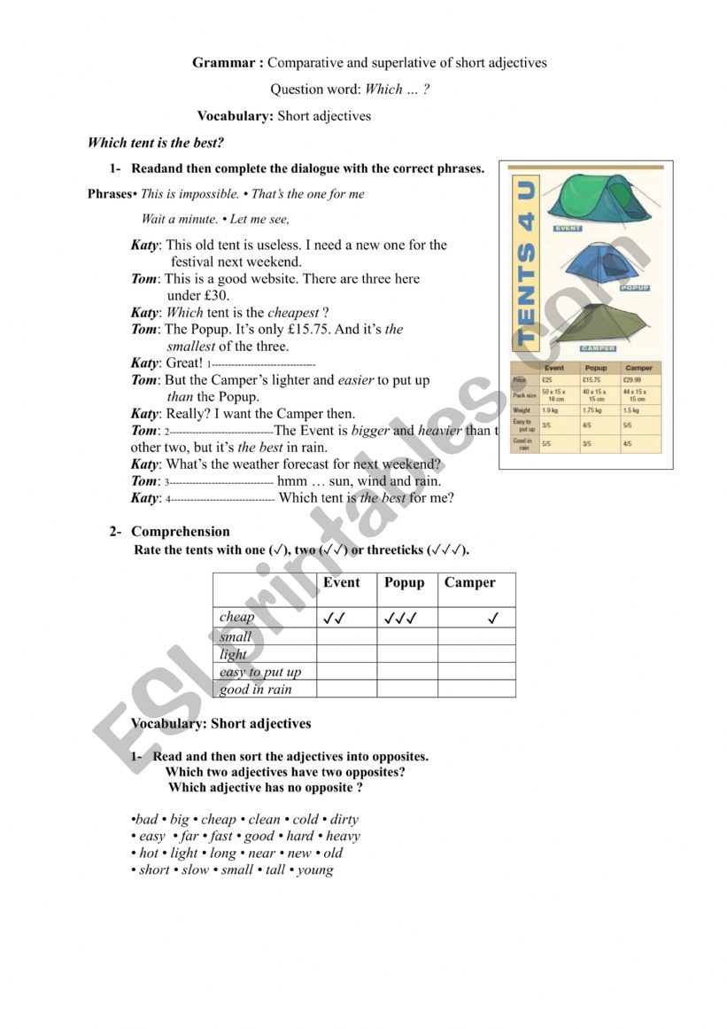 Short adjectives worksheet