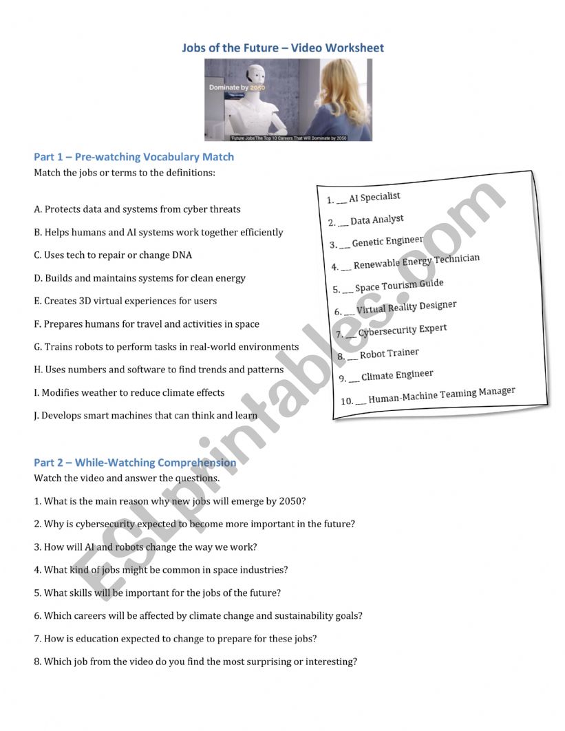 JOBS OF THE FUTURE - 2050 worksheet