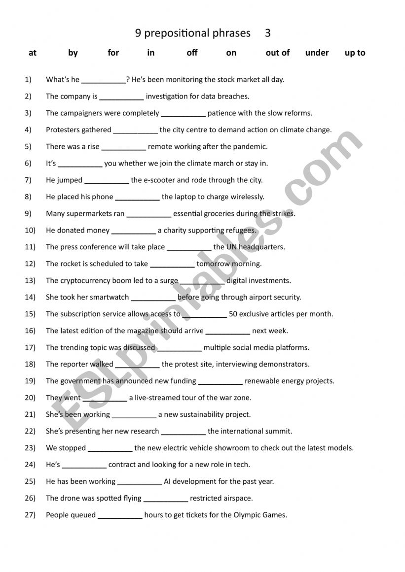 9 Prepositional phrases  (3) worksheet