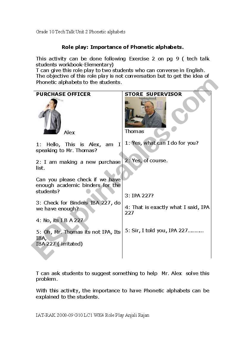 Role play worksheet