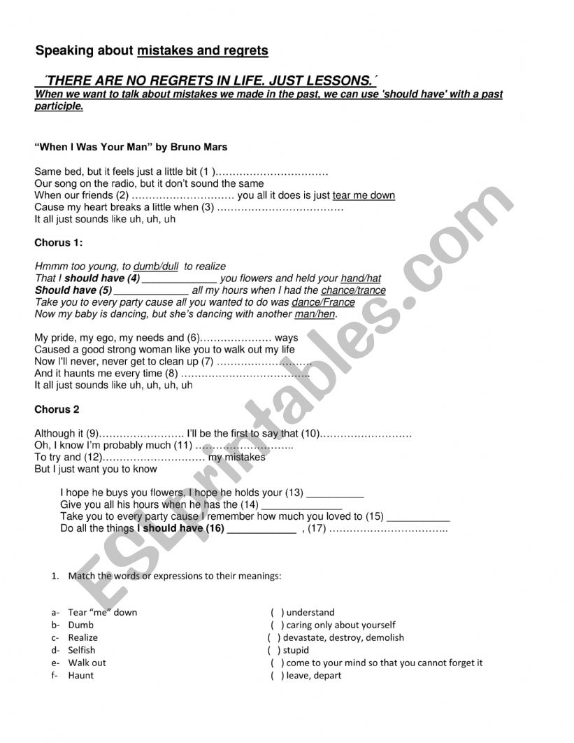 when I was your man worksheet