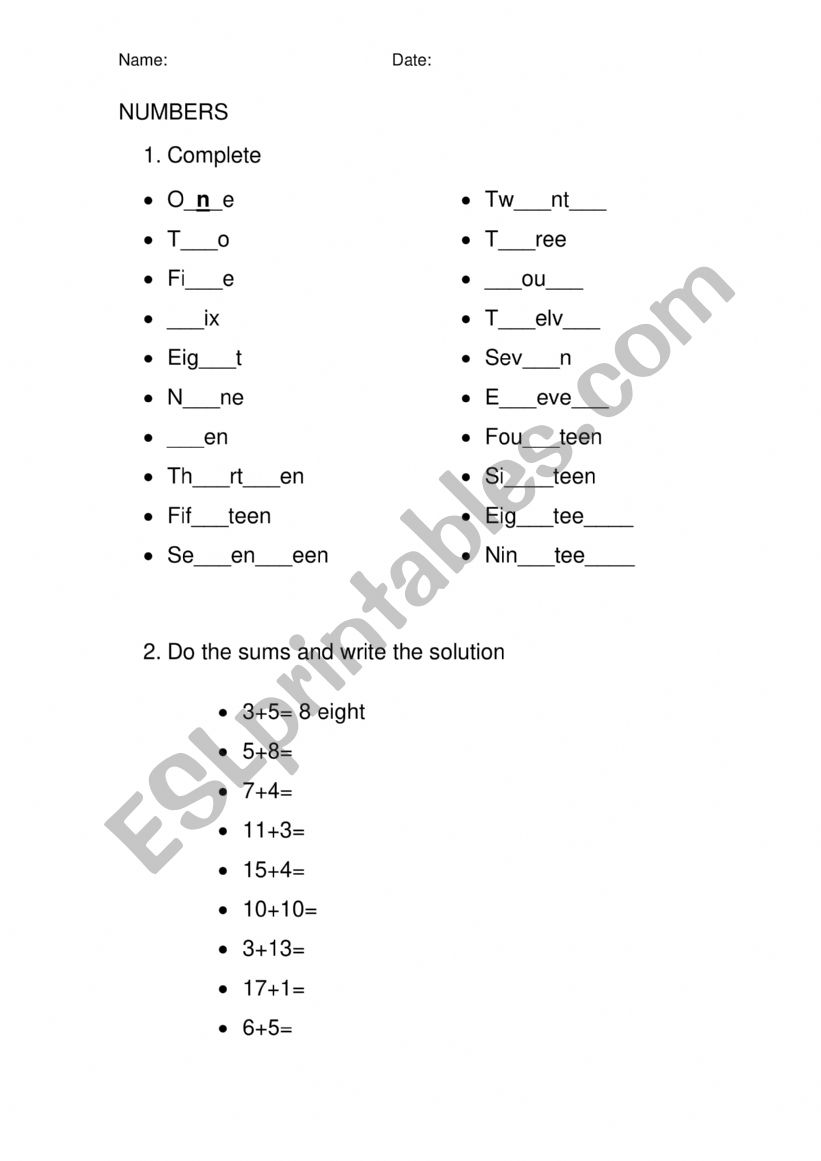 Numbers  worksheet