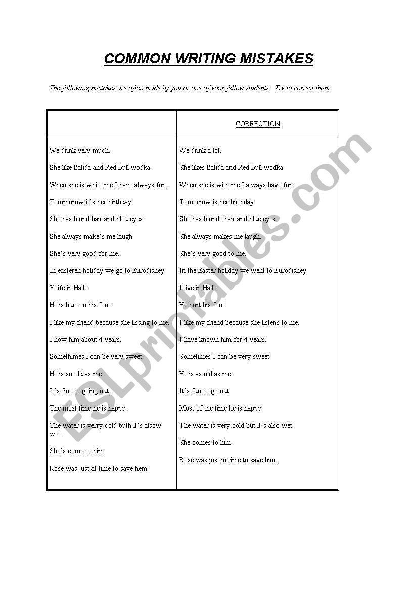 Common writing mistakes worksheet