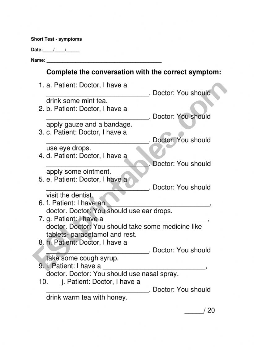 symptoms  worksheet