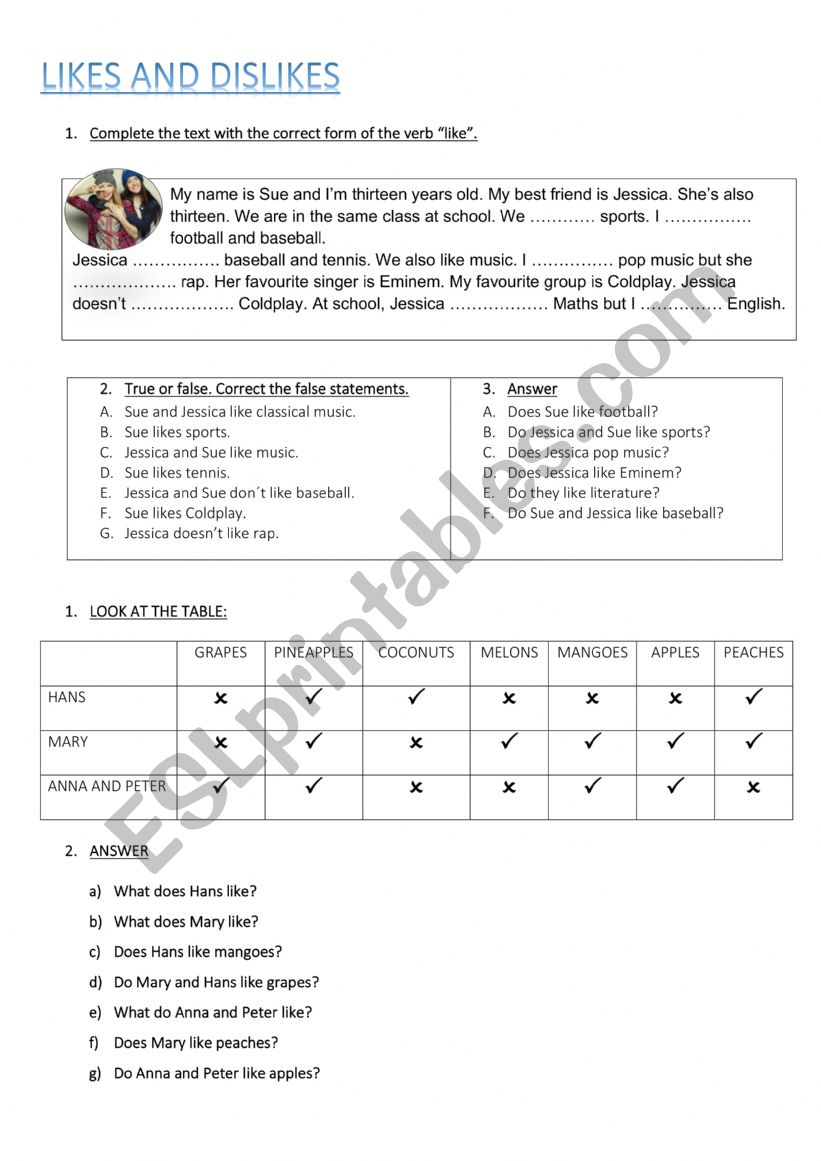 LIKES AND DISLIKES worksheet
