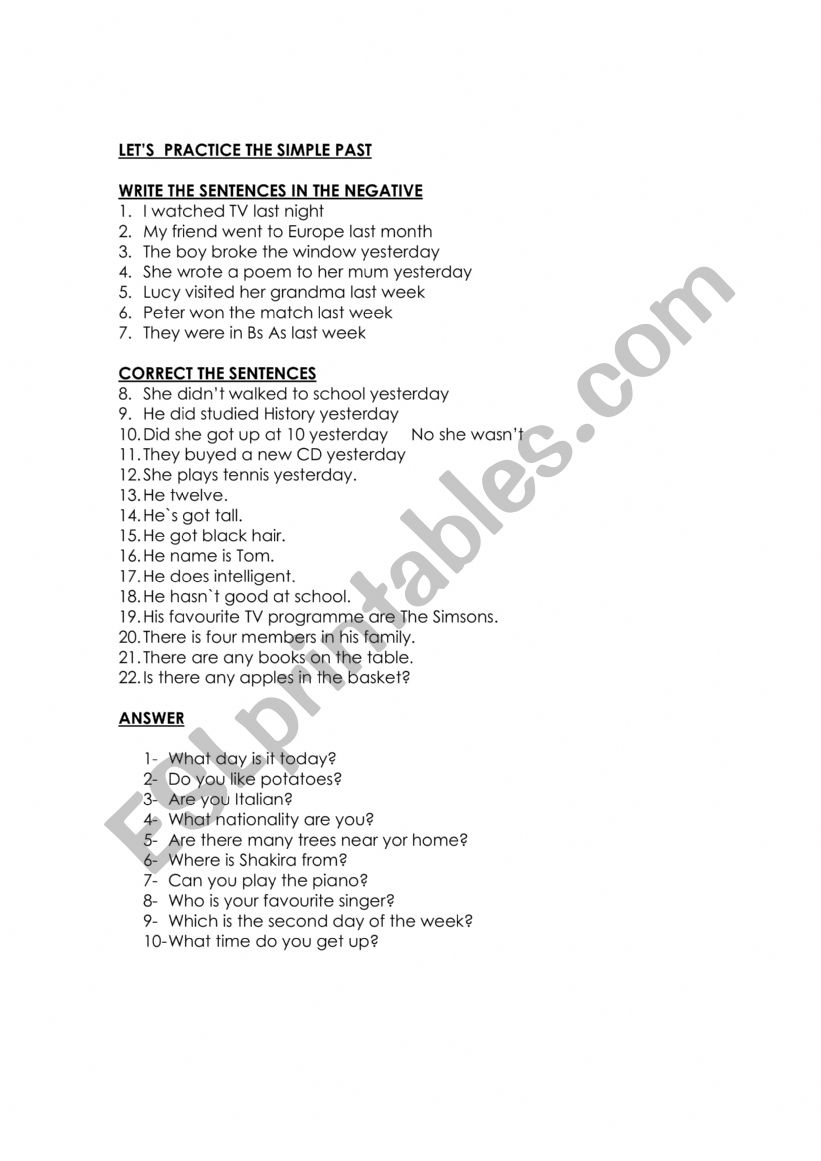 Excercises on tenses worksheet