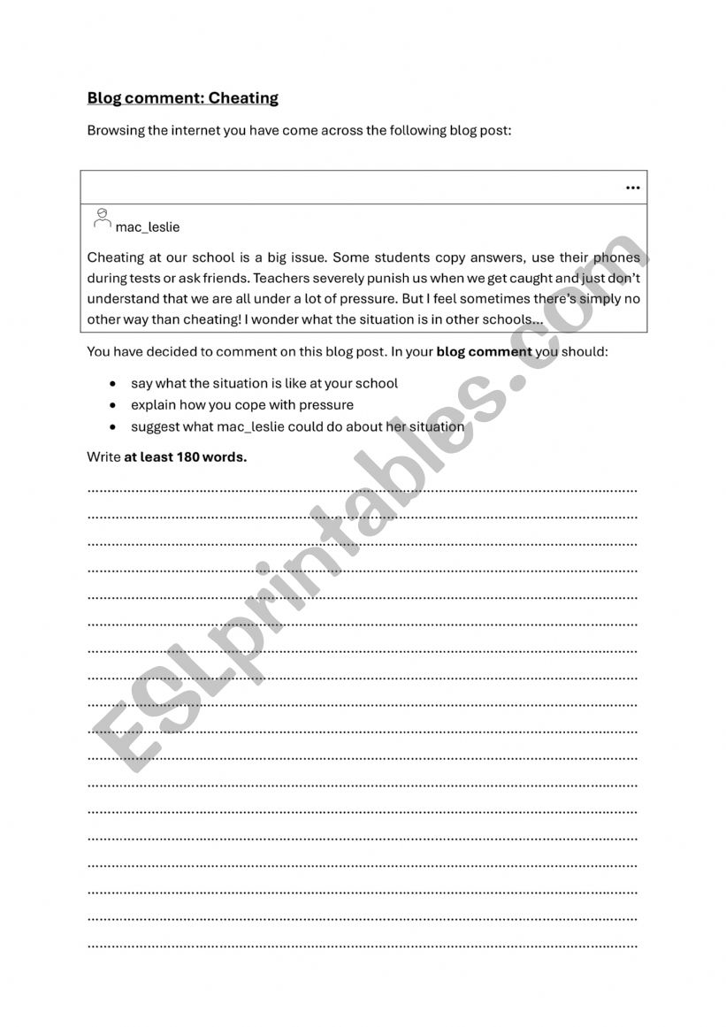 blog comment worksheet