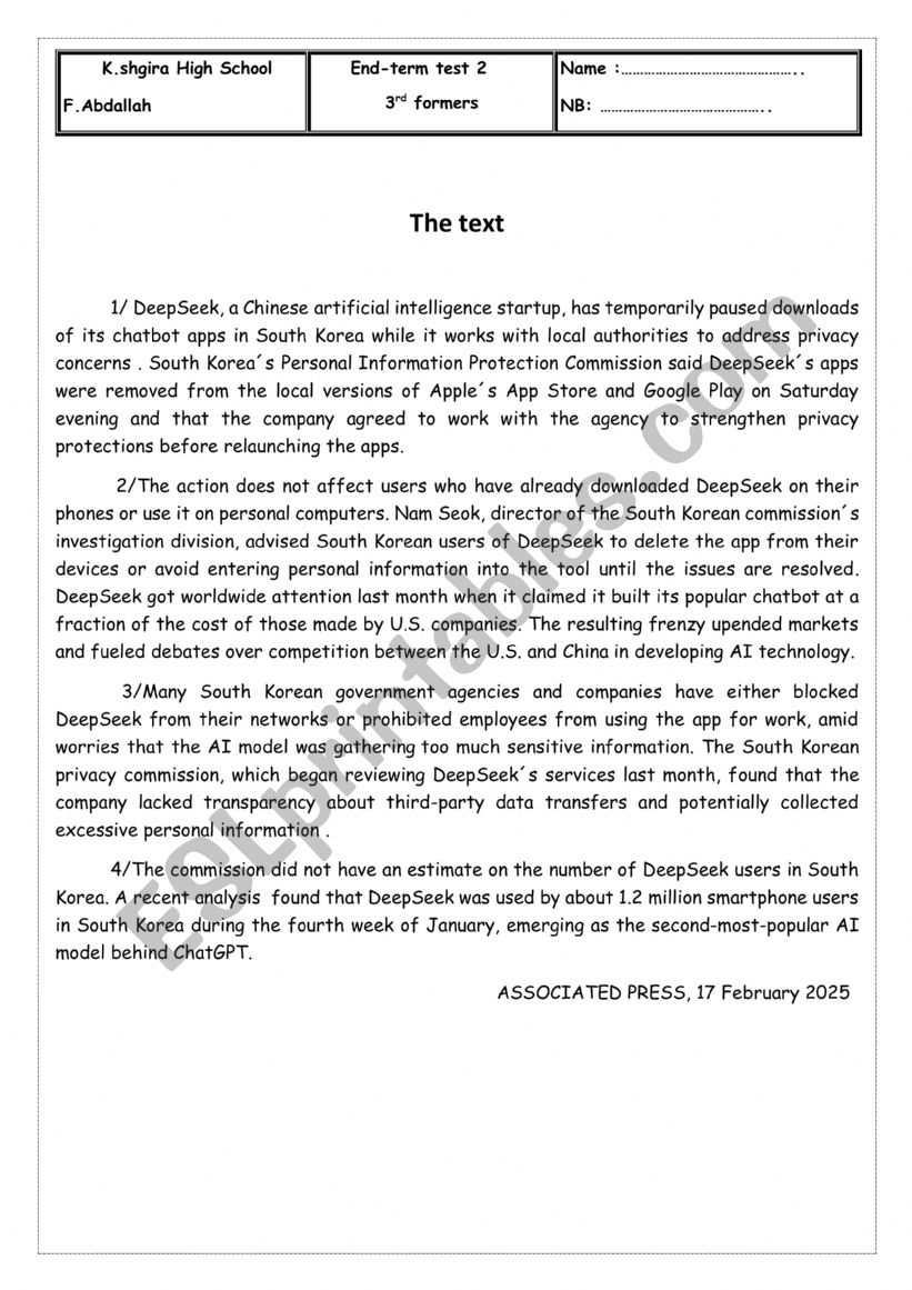 End of term test 2 3rd formers