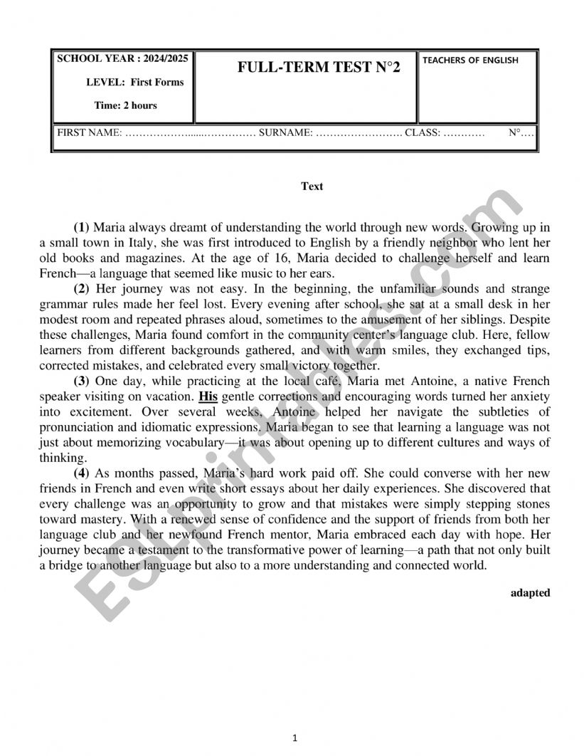 FULL-TERM TEST  2 FIRST SECONDARY 