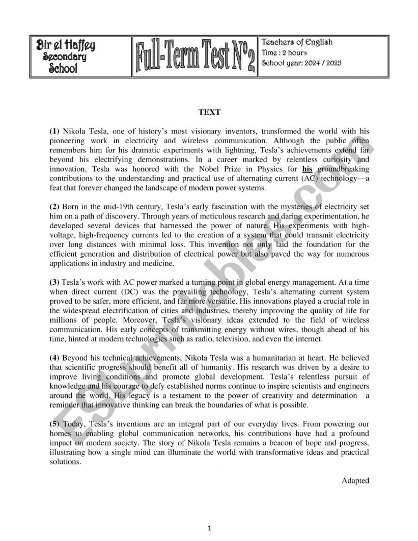 BAC FULL TERM TEST 2 worksheet
