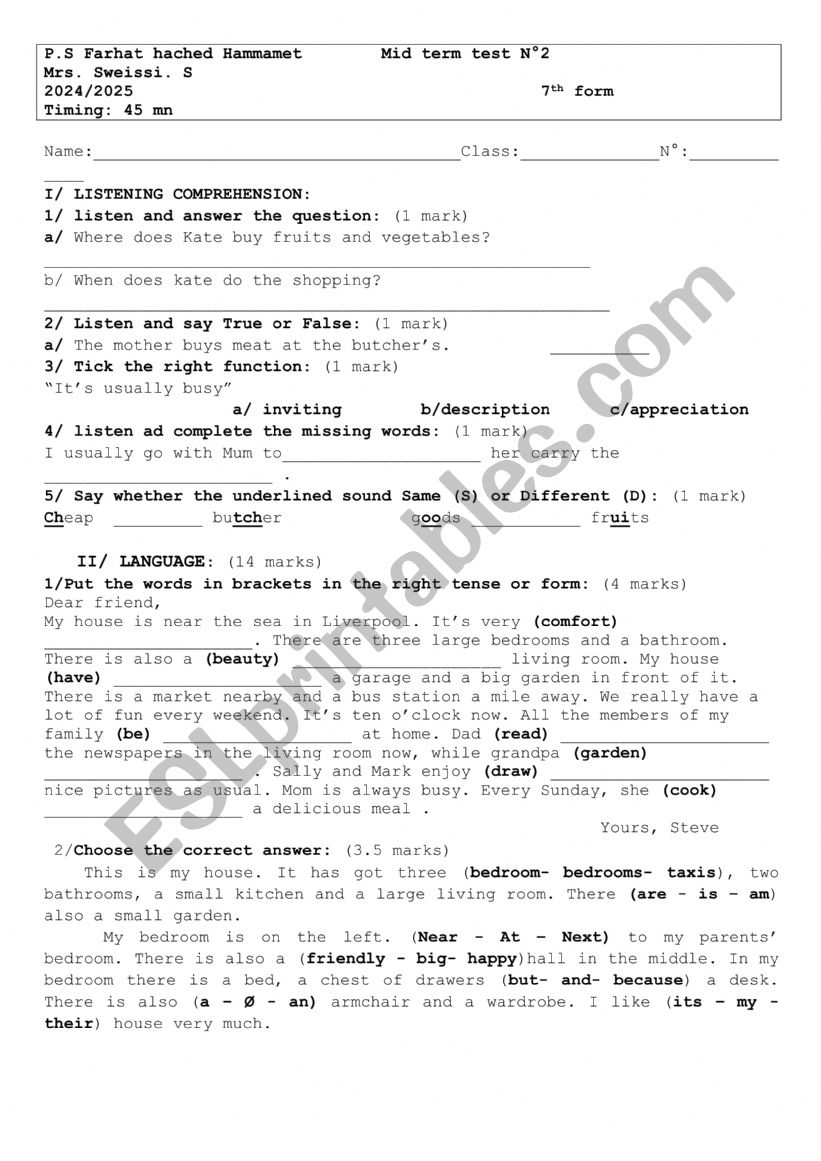 test worksheet