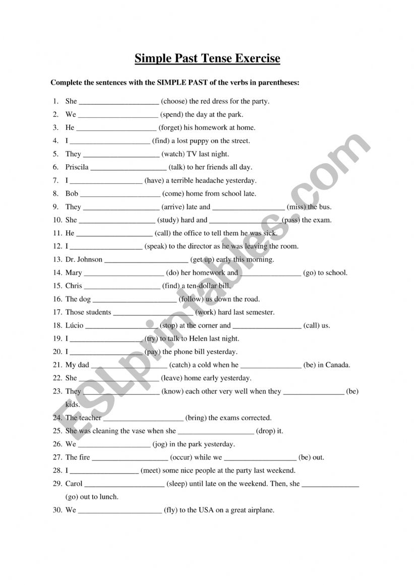Simple Past Tense Exercise worksheet