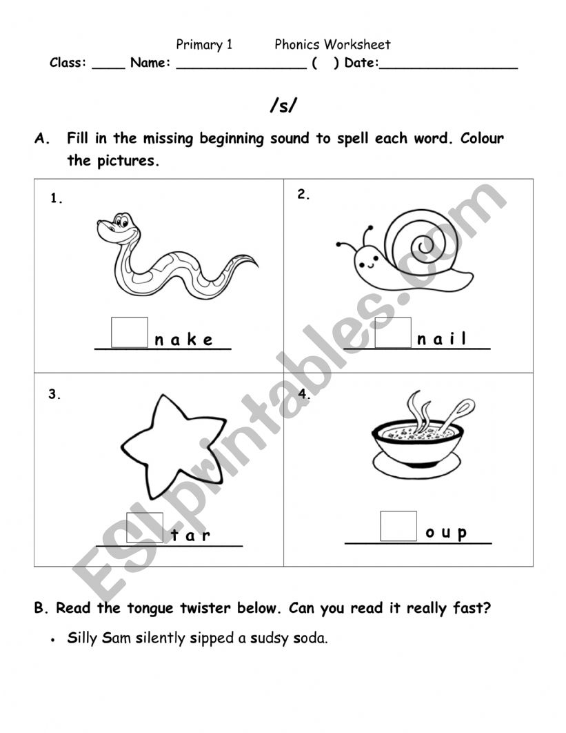 Phonics Worksheet /s/ worksheet