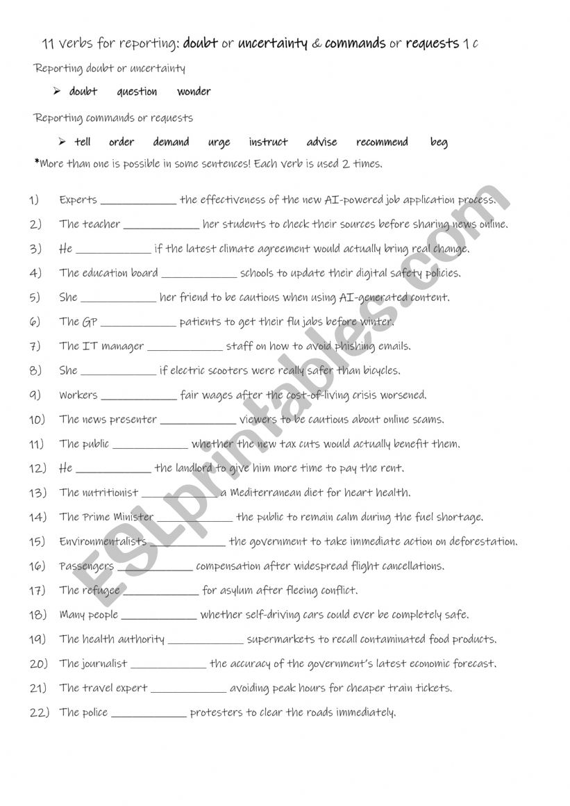 11 verbs for reporting doubt or uncertainty & commands or requests 1c