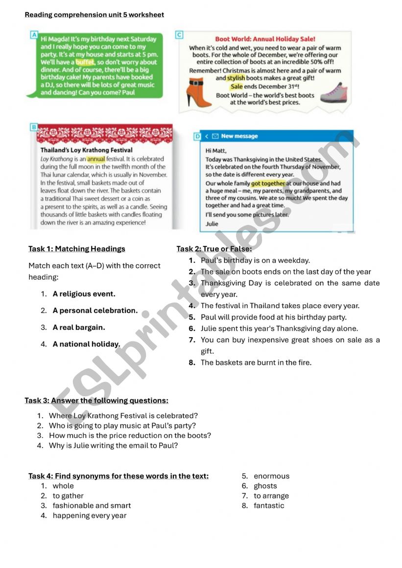 Reading task  worksheet