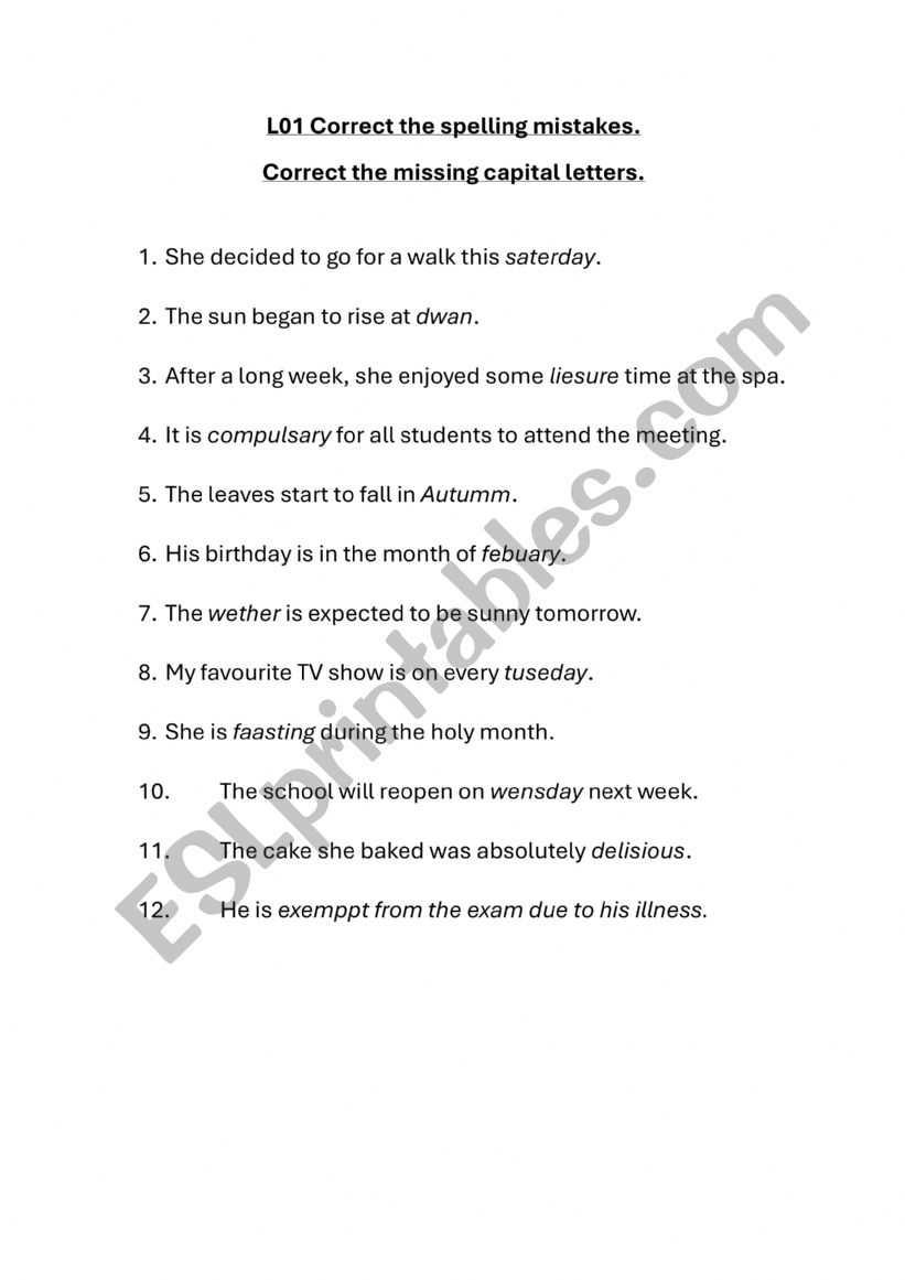 Correct the spelling mistakes worksheet
