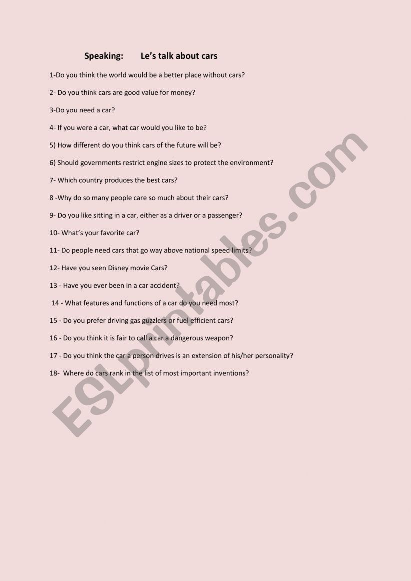   let�s talk about cars  worksheet
