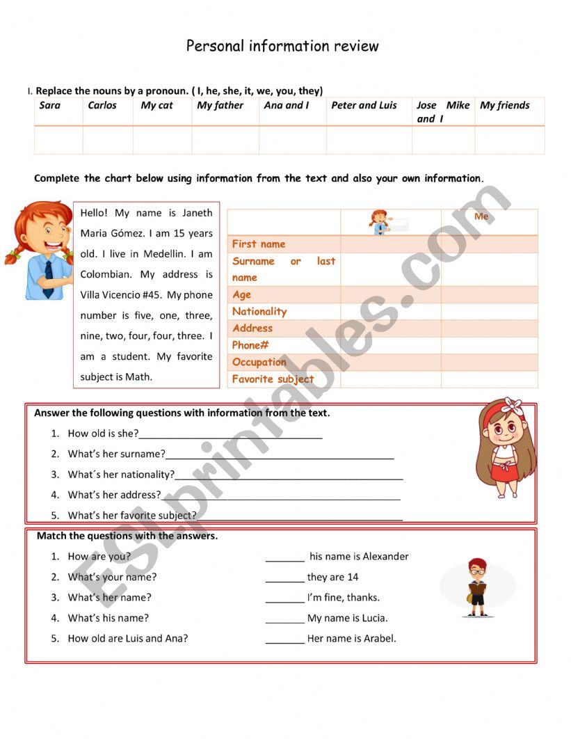 Personal Information review worksheet