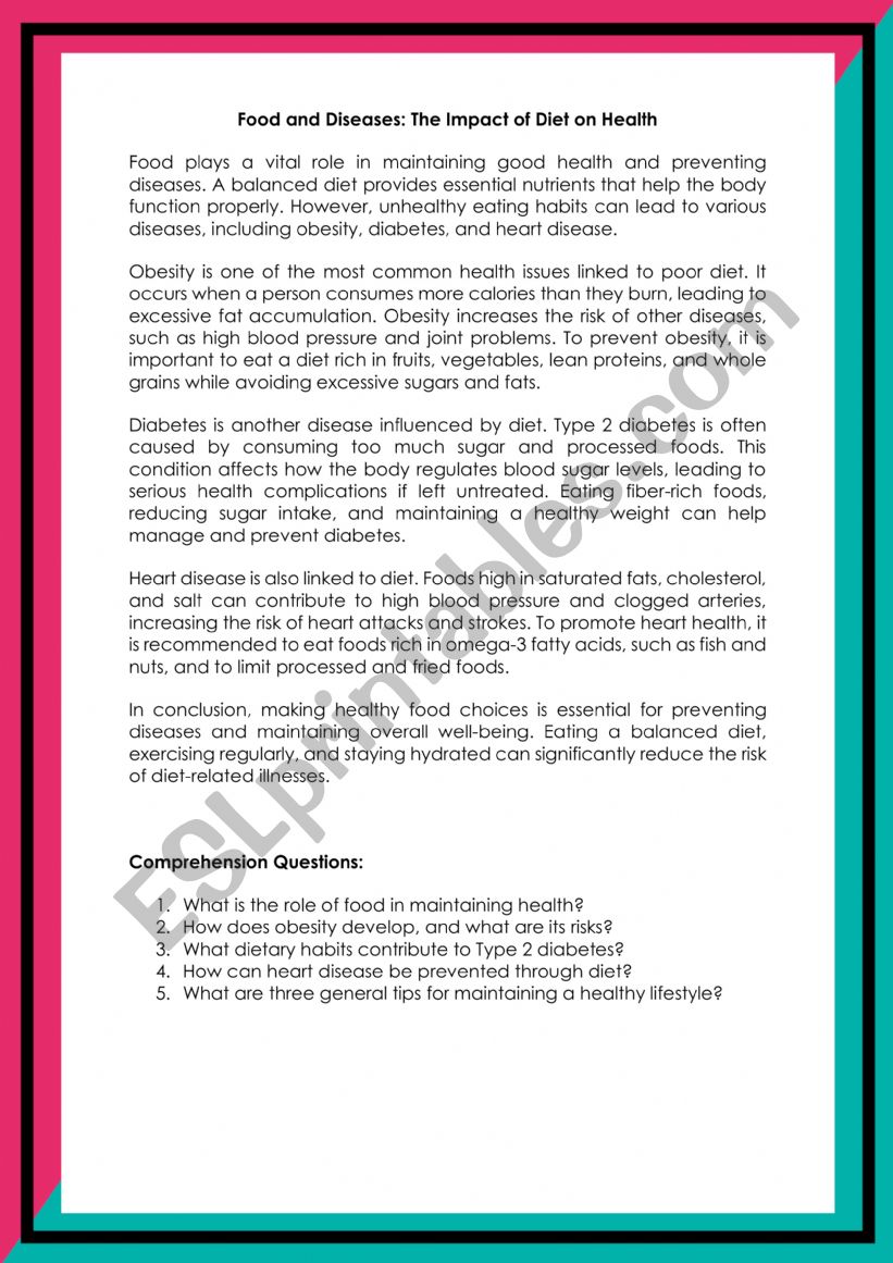 FOOD AND HEALTH worksheet