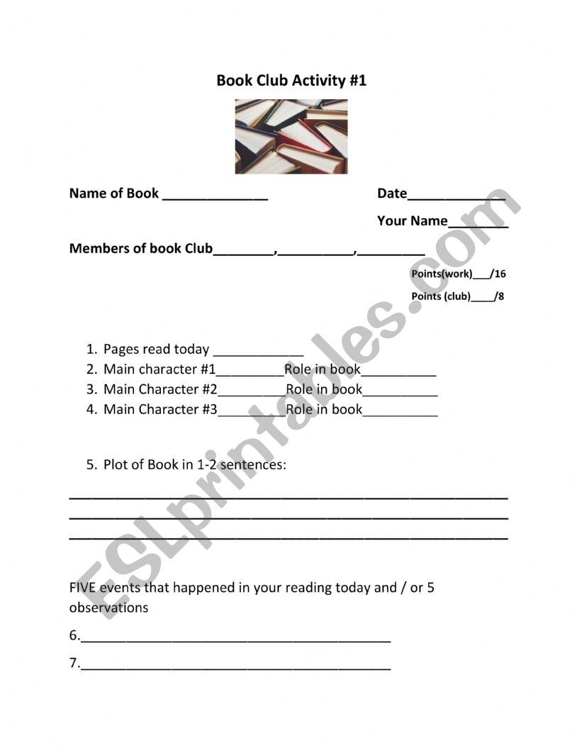 Book Club Activity for groups worksheet