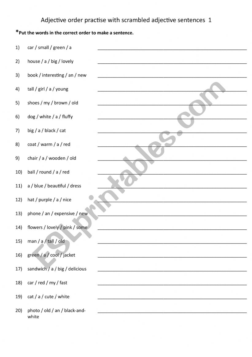 Adjective order practise with scrambled adjective sentences 1