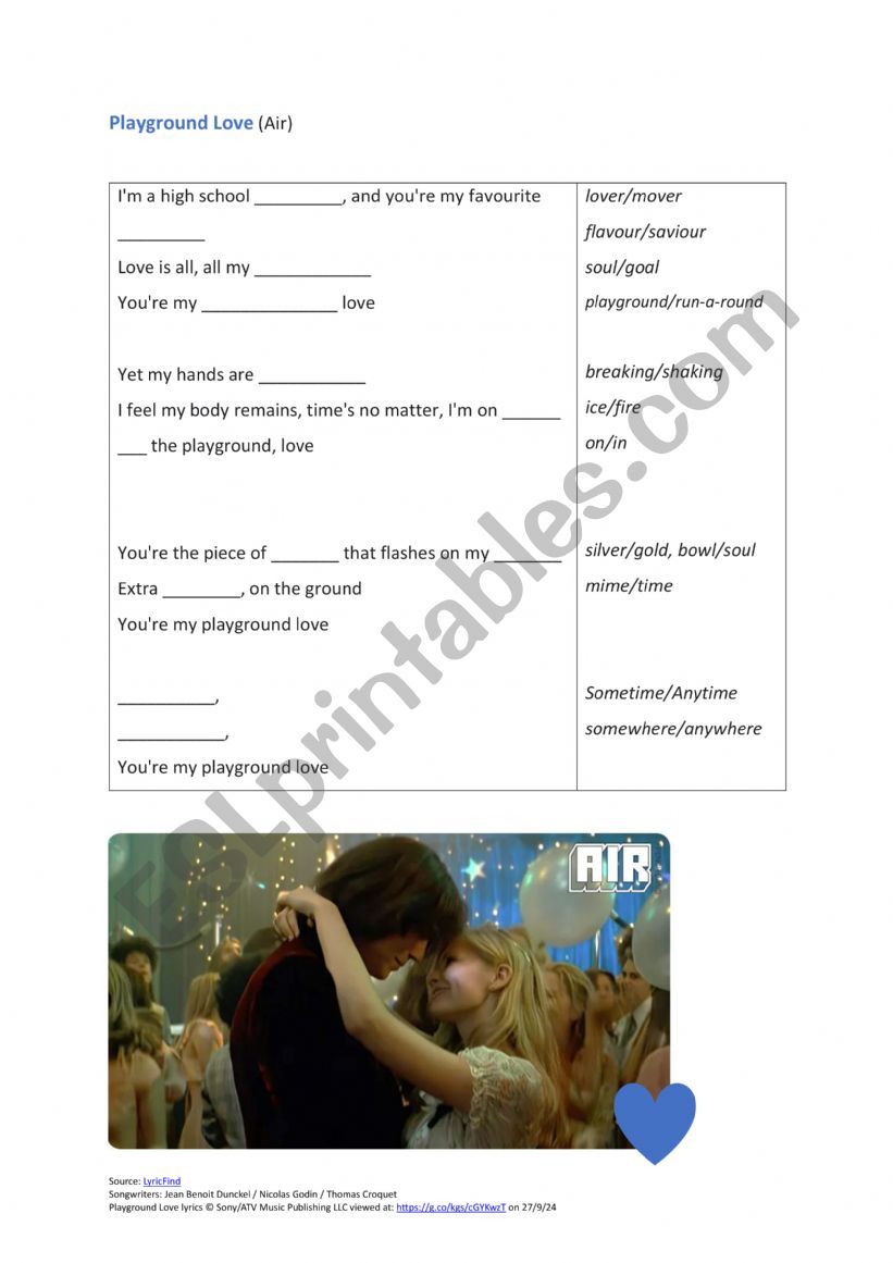 Playground Love by Air worksheet